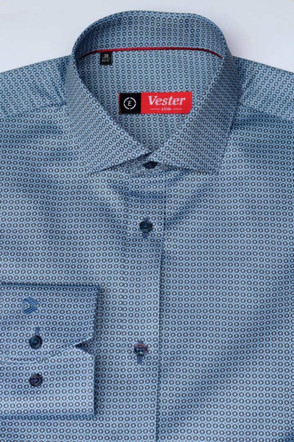 Приталенная синяя рубашка с черным узором Vester 86416 E